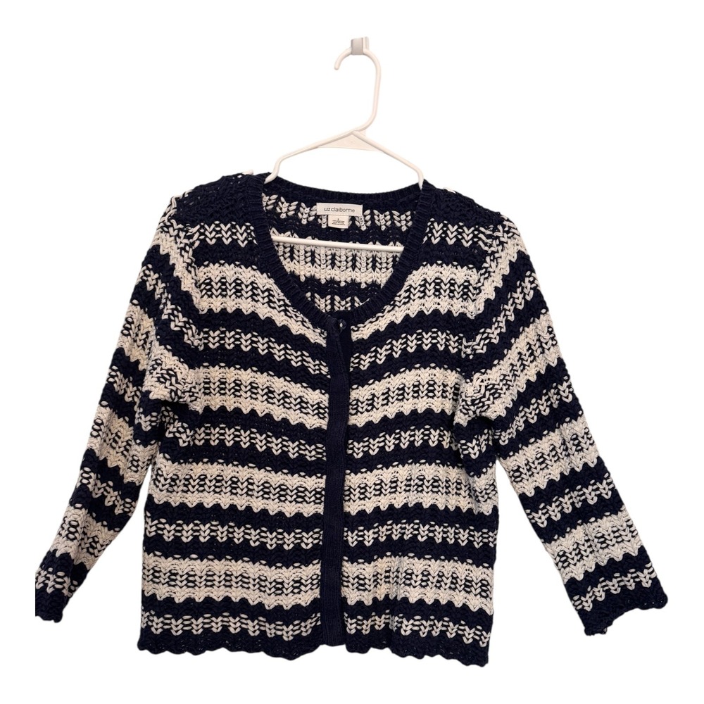 Liz Claiborne Nautical Striped open-knit Cardigan Navy White Womens Large - Picture 1 of 7